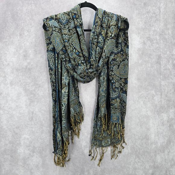 SJ Collection Blue Floral Pashmina Fringe Floral Long Shawl Scarves Wrap Scarf - Picture 2 of 7